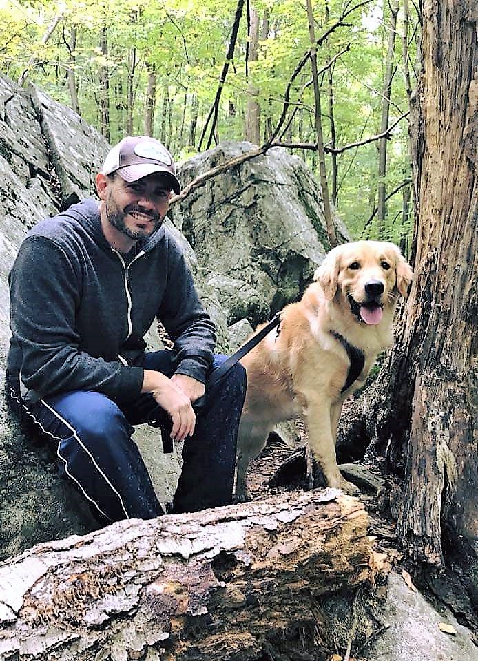 Dash (Shire x Jack) and Tim hiking on the Appalachian Trail